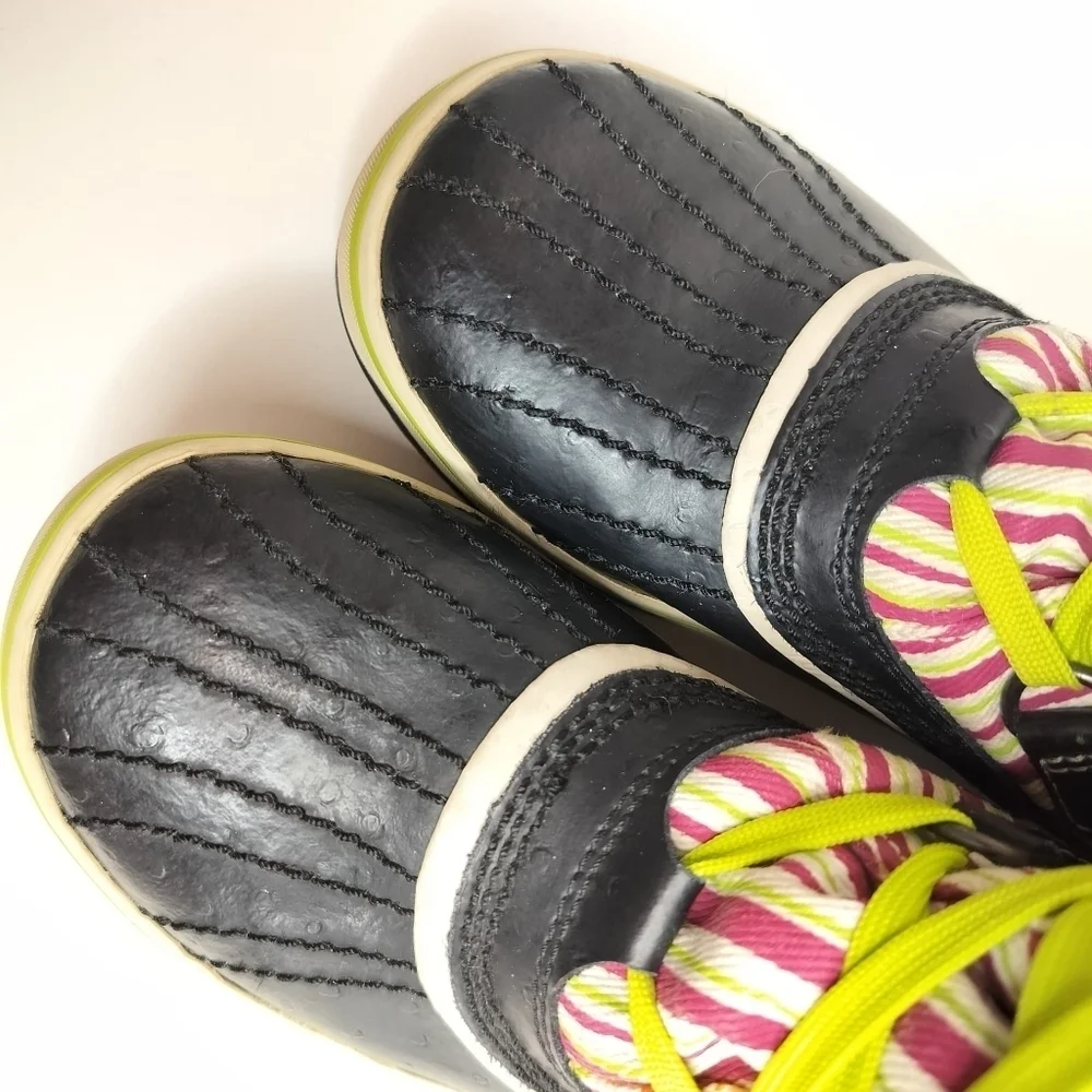 SOREL Tivoli Rubber‎ Pink Green Striped Youth 4 Winter Duck Boots Faux Fur Trim